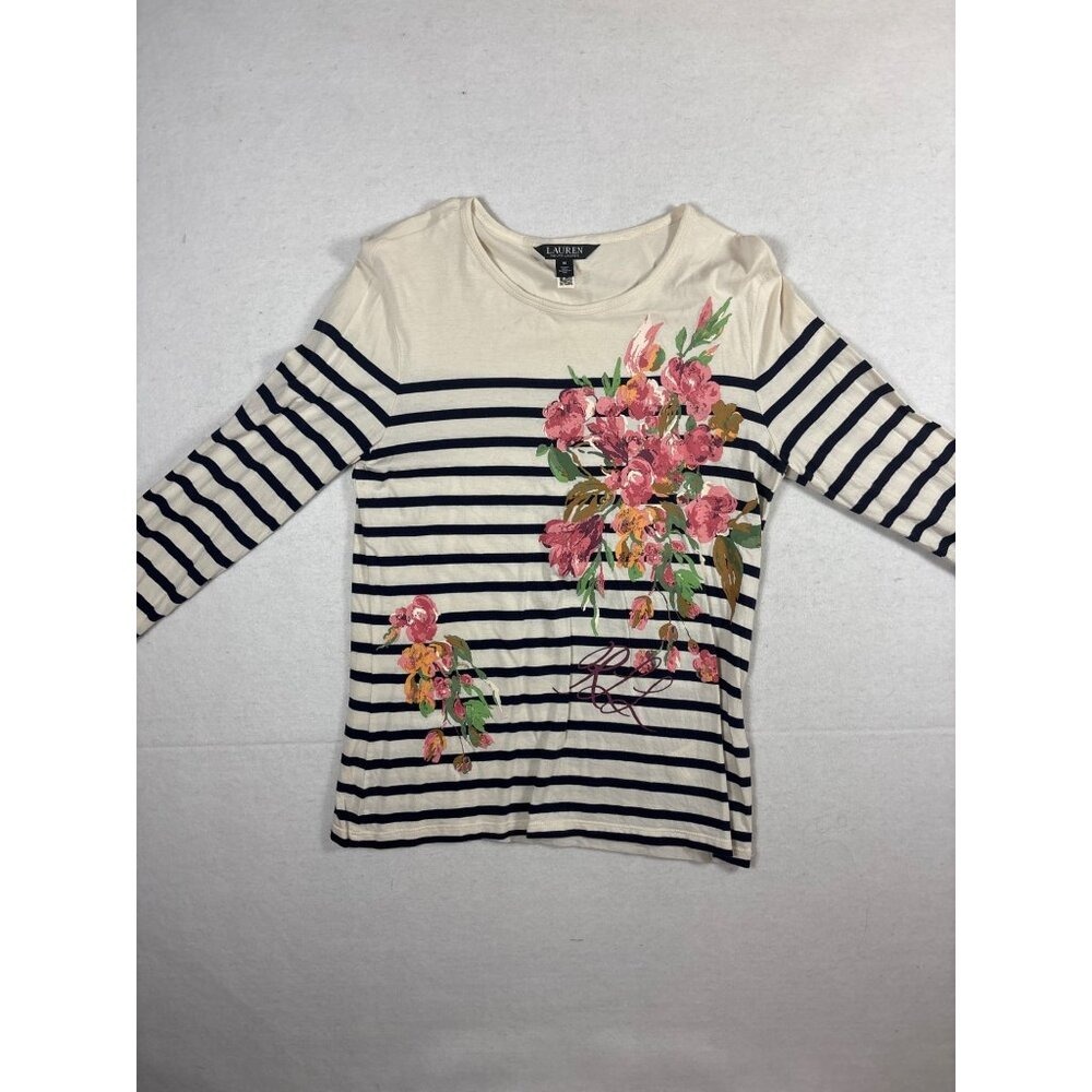 Lauren Ralph Lauren Cream & Navy Striped Floral Crewneck Sweater